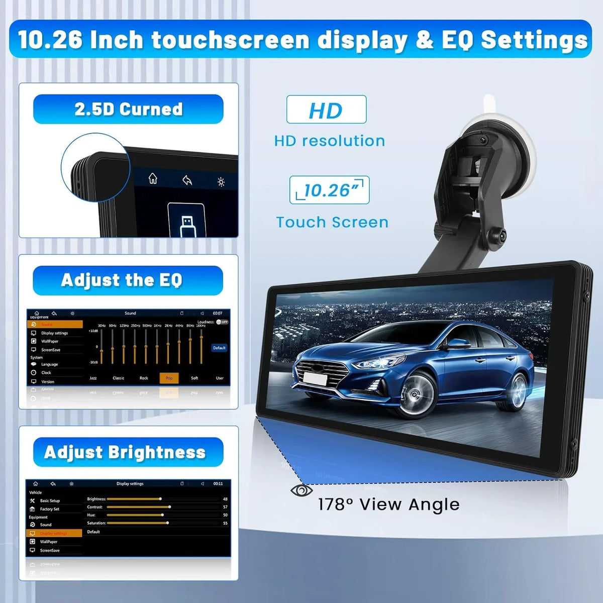 Podofo 7-32V 10.26" Portable Touch Screen Car Stereo Radio Wireless Carplay Android Auto Mirror Link FM Bluetooth AUX for Car Suv Van Pickup Vehicles, with 64G Card&Backup Camera