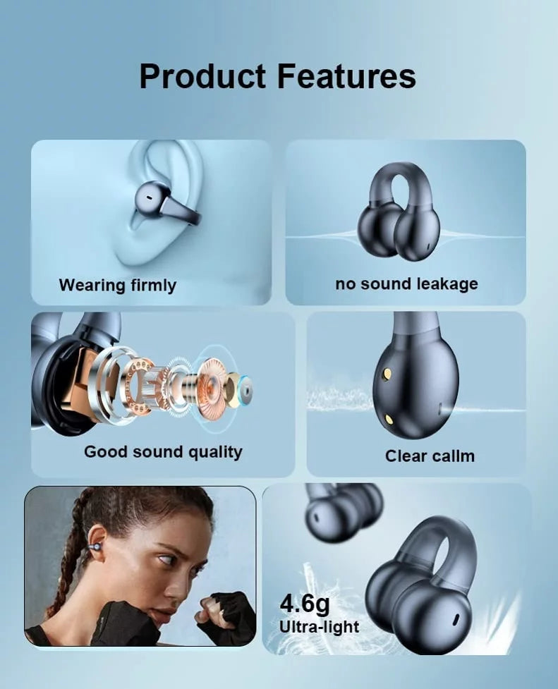 Wireless Ear-Clip TWS Earphones for  Galaxy Z Fold5/Flip5 Phones - Bluetooth Earbuds Bone Conduction Headphones True Stereo Charging Case Hands-free D9G suitable With Galaxy Z Fold5/Flip5