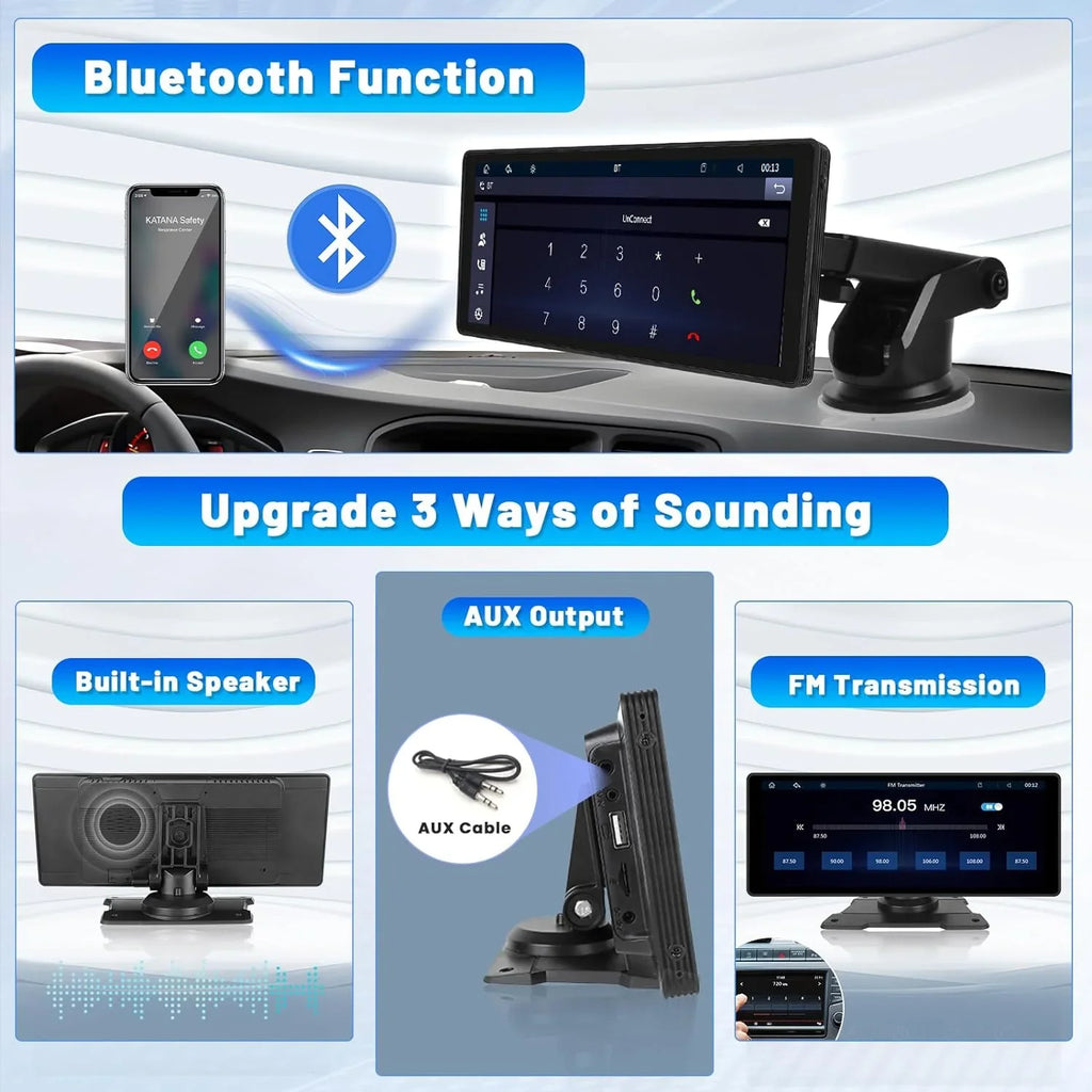 Podofo 7-32V 10.26" Portable Touch Screen Car Stereo Radio Wireless Carplay Android Auto Mirror Link FM Bluetooth AUX for Car Suv Van Pickup Vehicles, with 64G Card&Backup Camera