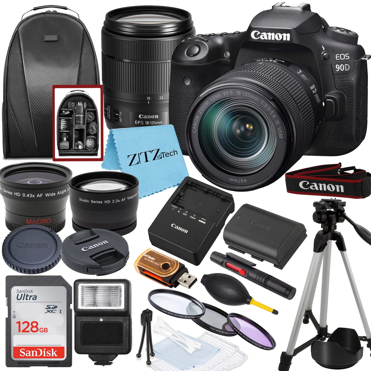 EOS 90D DSLR Camera with 18-135mm Lens, SanDisk 128GB Memory Card, Backpack, Flash, Tripod and ZeeTech Accessory Bundle
