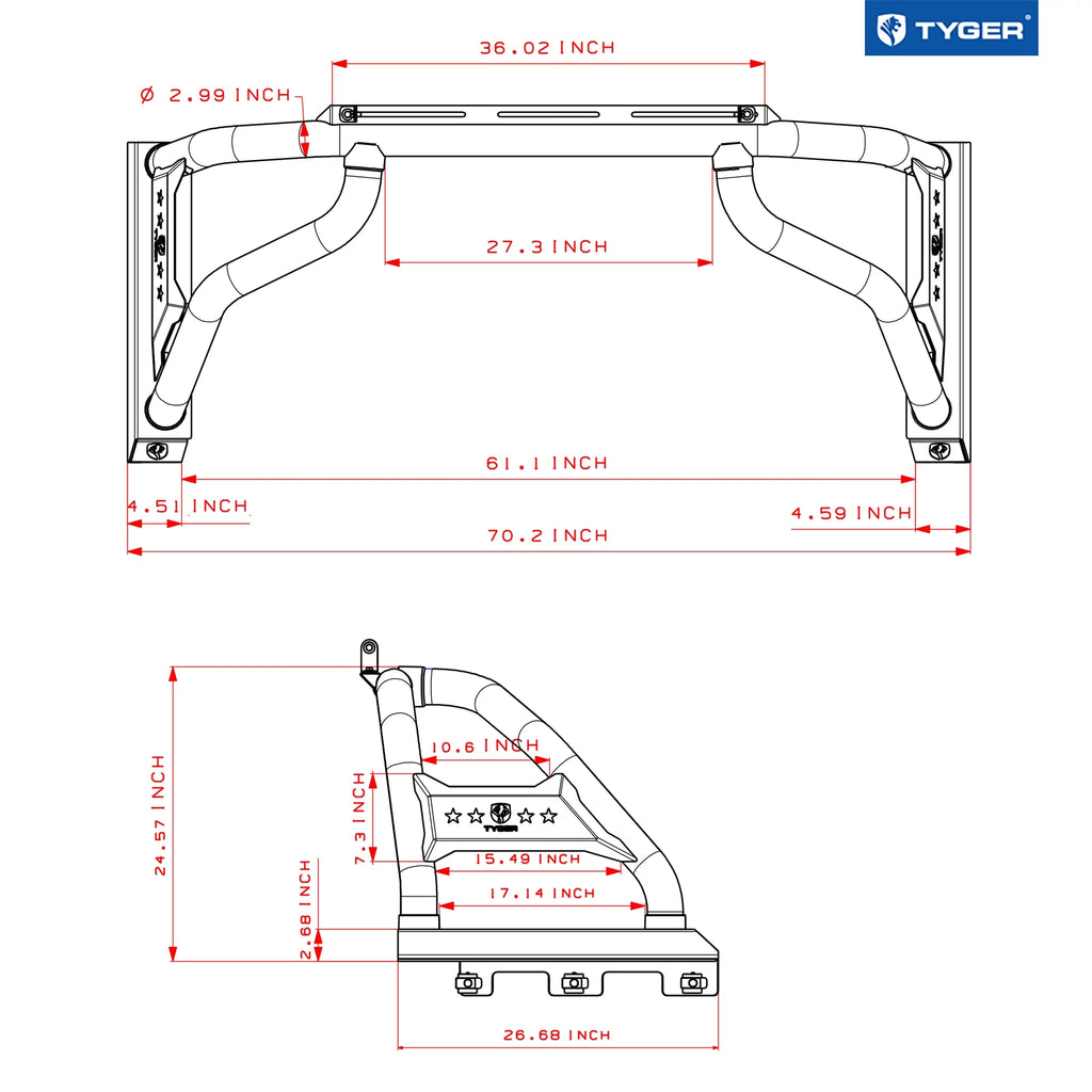 Tyger Auto Sport Bar suitable with 2022-2024  Tundra (Exclude SR) | 5.5/6.5' Bed | TG-SB7T88728 | Textured Black | Light Mount | Roll Bar