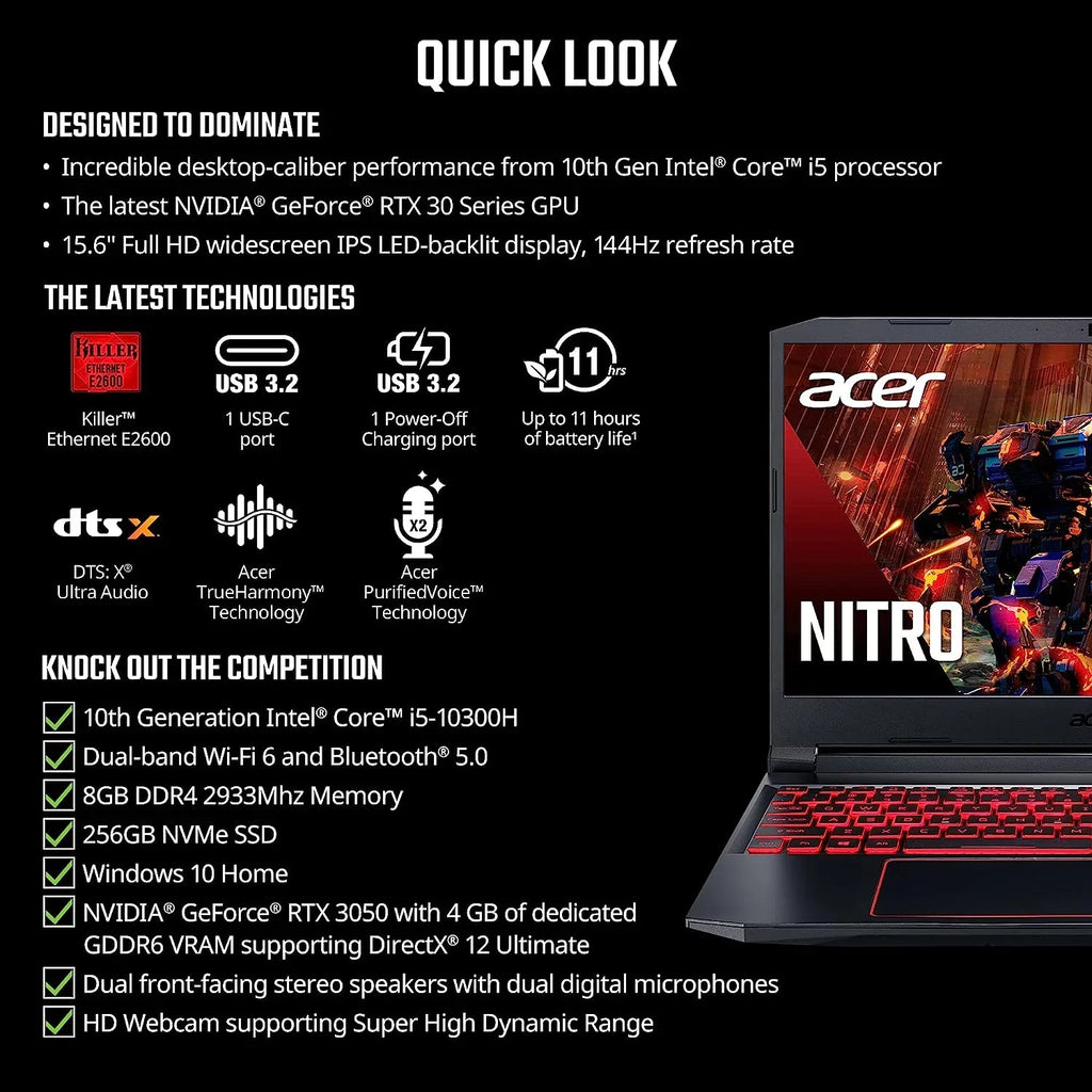 Nitro 5 15.6-Inch 144hz IPS Gaming Laptop + High superior 6ft HDMI Cable + LCD Screen Cleaner + Wired Stereo Gaming Headset + Gaming Controller- Carbon Black