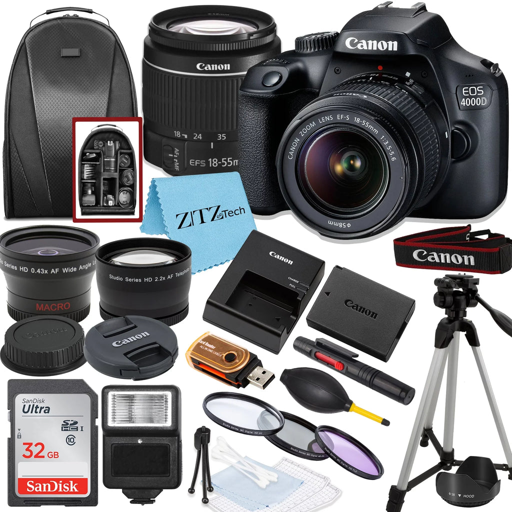 EOS Rebel T100 / 4000D DSLR Camera with 18-55mm Lens, SanDisk 32GB Memory, Tripod, Backpack and ZeeTech Bundle