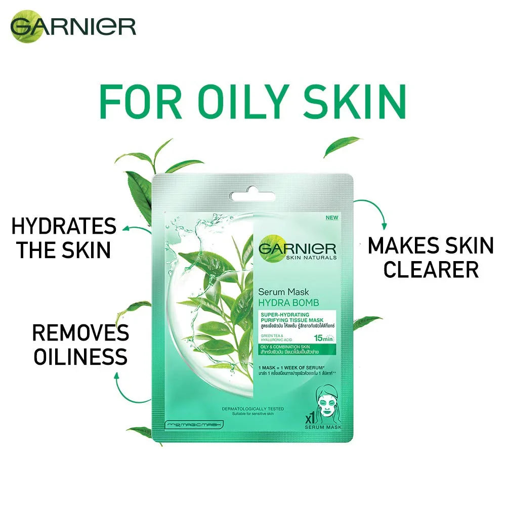 Garnier Skin Naturals Green Tea Face Serum Sheet Mask 32g & Hydra Bomb Eye Serum Mask (Orange) 6g