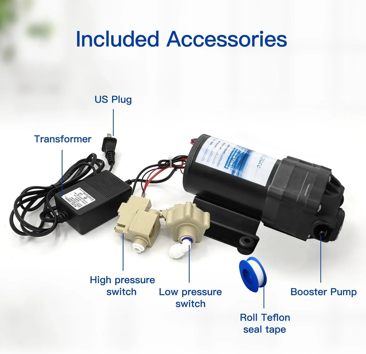 YGDU Reverse Osmosis Booster Pump Kit with Transformer + High and Low Pressure Switches + Fittings for 50-150 GPD RO System