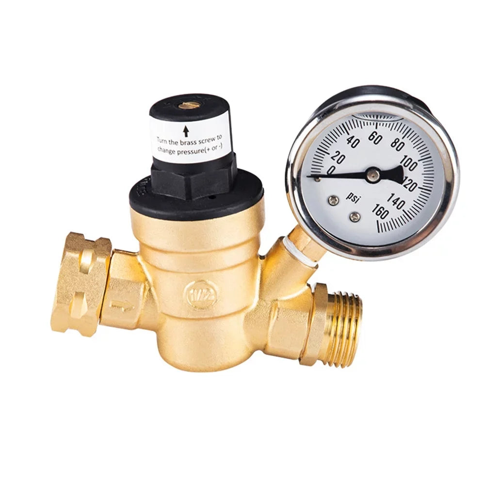 Adjustable aqua Pressure Regulator Valve - Lead-Free Brass, with 0-160PSI Gauge and Inlet Screened Filter, Ideal for RV and Travel Trailers
