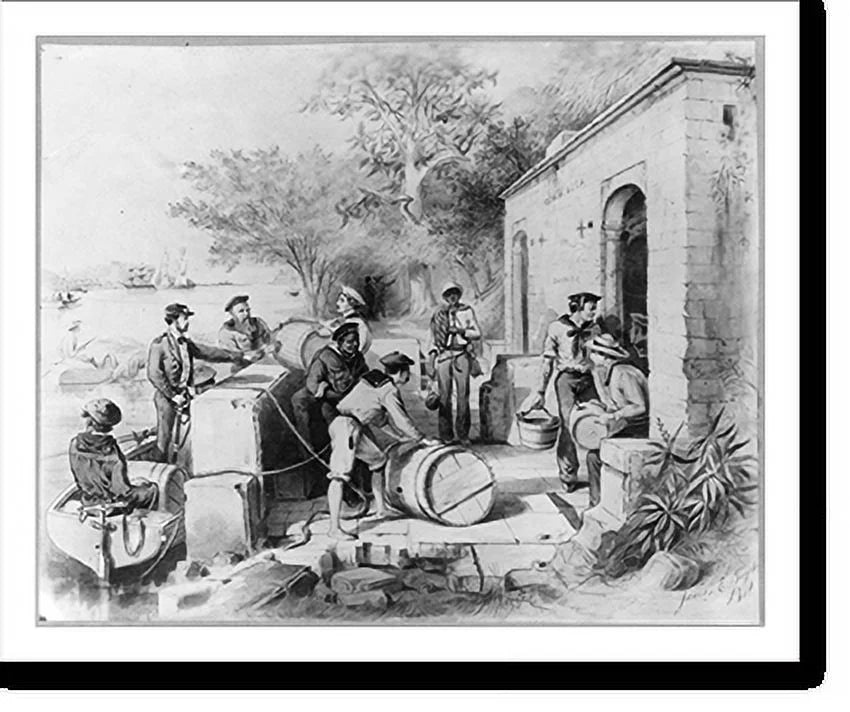 Seamen filling casks with fresh moisture, 17-7/8" x 21-7/8". Historic Framed Print, [Dominican Republic, 1871]: The Diago Columbus Spring on the Ozania River,