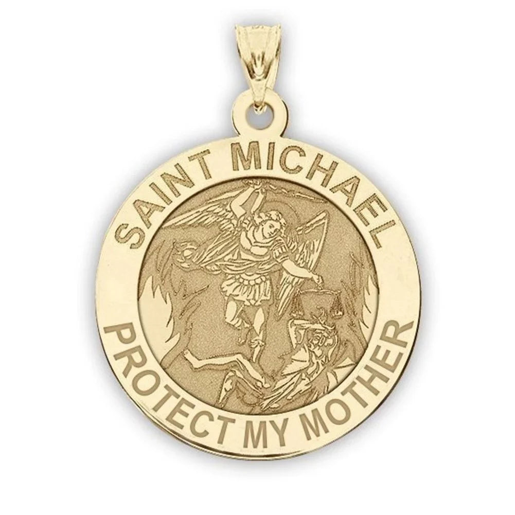 Picturesongold.Com Saint Michael - Protect My Mother - Religious Medal  1 inch in Solid 14K Yellow Gold
