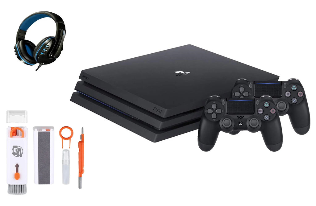 Pre-Owned  PlayStation 4 Pro 1TB Gaming Console Black Headset 2 Controller With BOLT AXTION Cleaning Kit Bundle (Refurbished: Like New)