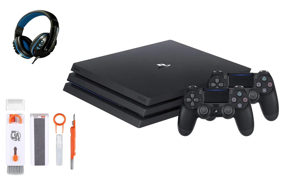 Pre-Owned  PlayStation 4 Pro 1TB Gaming Console Black Headset 2 Controller With BOLT AXTION Cleaning Kit Bundle (Refurbished: Like New)