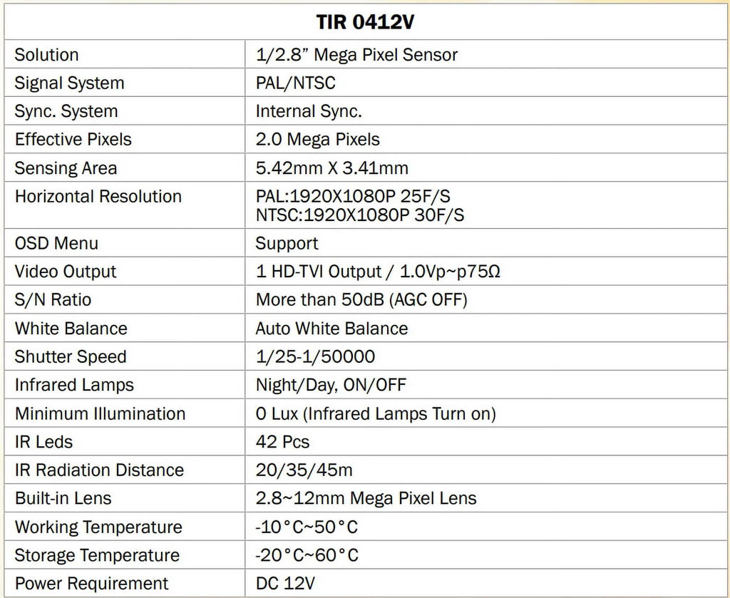 Eyemax TIR-0412V-B HD-TVI 2MP Outdoor Bullet Camera, 2.8-12mm, 42 IR LED 12V DC