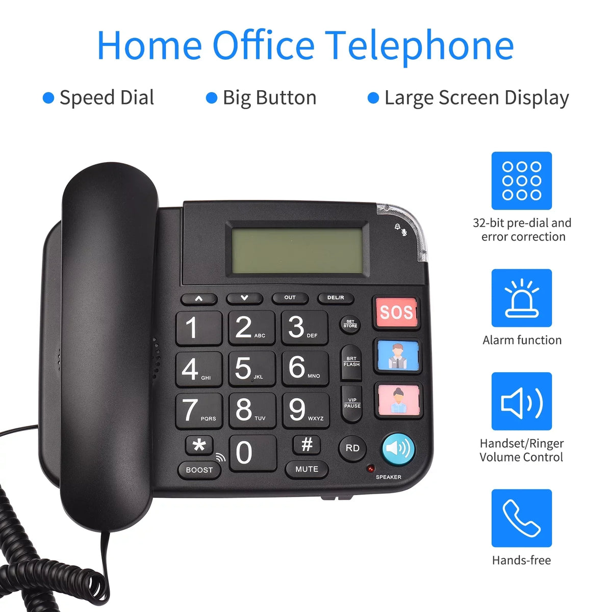 Black Corded Phone with Big Button Desk Landline Phone Telephone Support Hands-Free/Redial/Flash/Speed Dial/Ring Control for Elderly Seniors Home Office Business Hotel