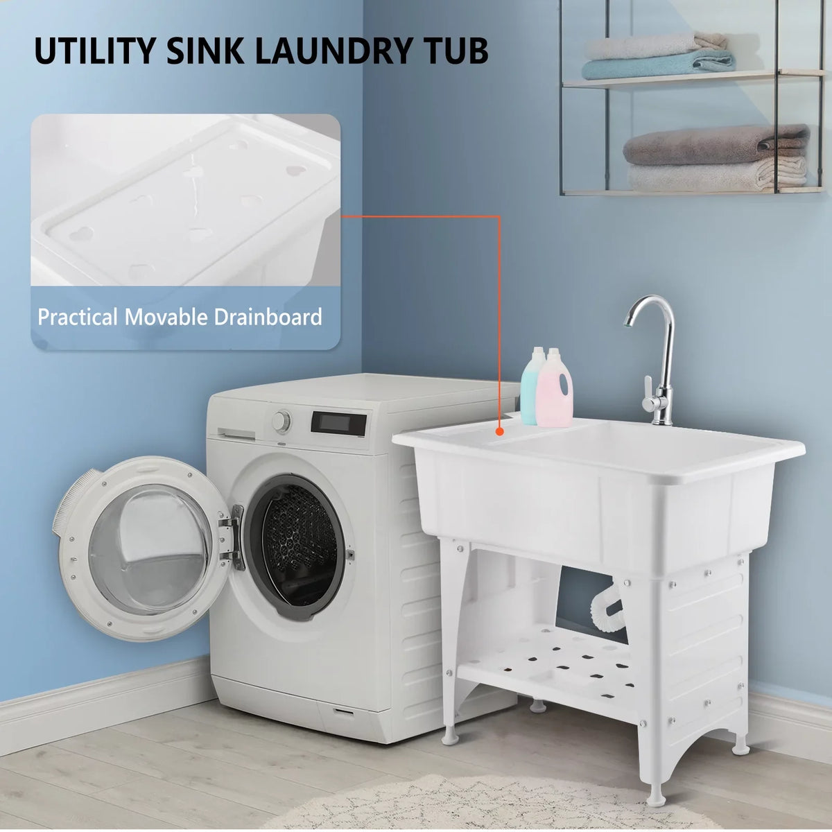 Spacious White Utility Sink Laundry Tub Freestanding Wash Station W/ Shelf, Removable Drainboard, Stainless Steel Faucet