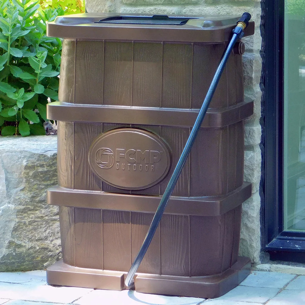 FCMP Outdoor 45 Gal Wood Grain Rain moisture Catcher Barrel, Brown (2 Pack)