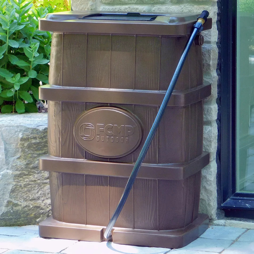 FCMP Outdoor 45 Gal Wood Grain Rain moisture Catcher Barrel, Brown (2 Pack)