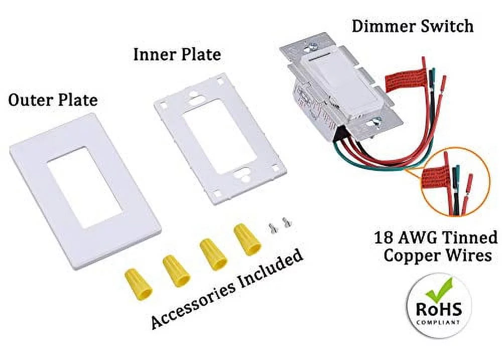 Cloudy Bay in Wall Dimmer Switch for LED Light/CFL/Incandescent,3-Way Single Pole Dimmable Slide,600 Watt max,shield Plate Included