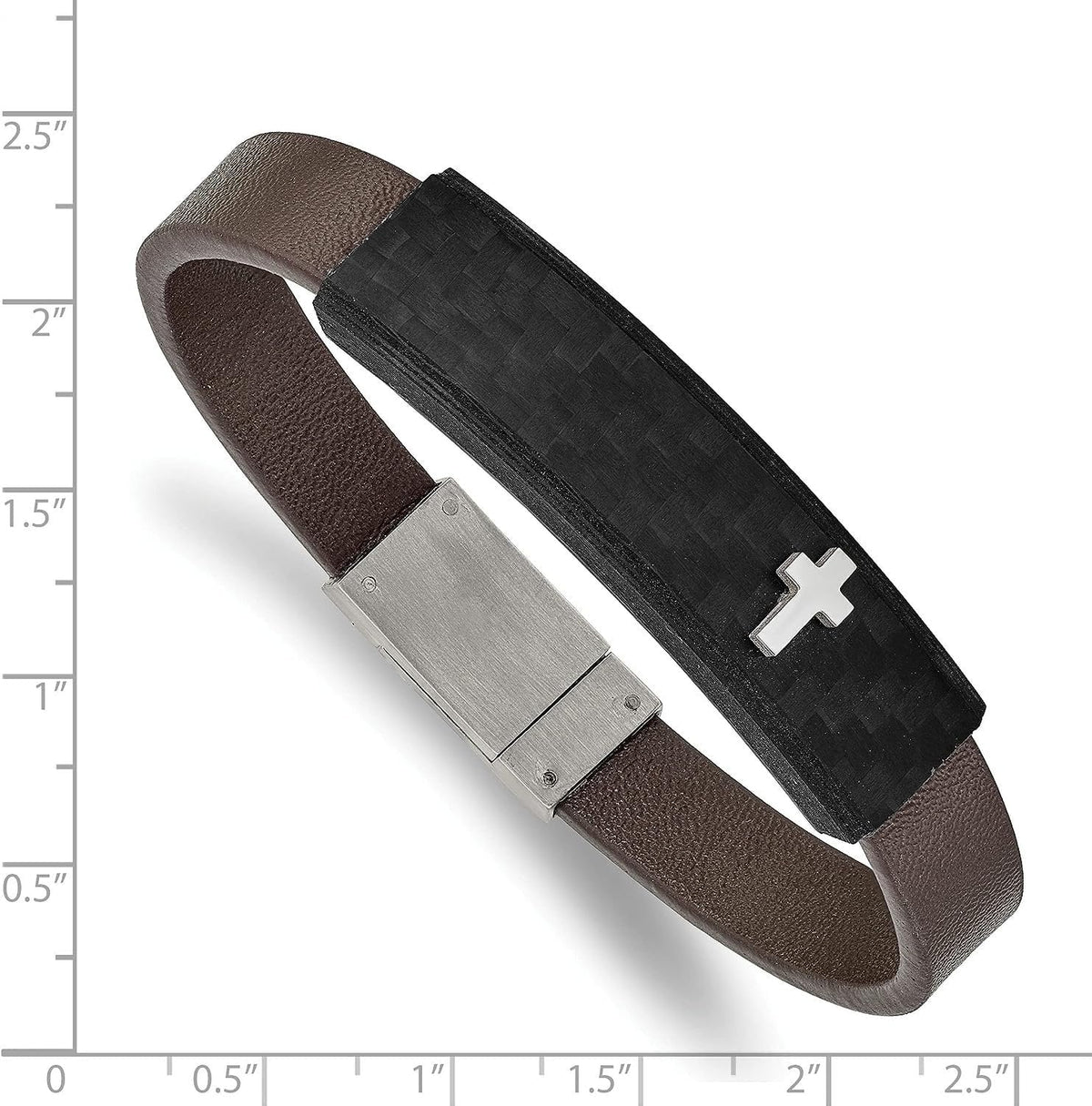 Chisel Stainless Steel Polished Cross Solid Carbon Fiber Brown Faux Leather Bracelet - 8"