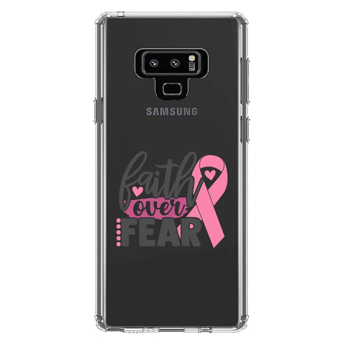 DistinctInk Clear Shockproof Hybrid Case for  Galaxy Note 9 - TPU Bumper Acrylic Back Tempered Glass Screen Protector - Pink Ribbon Cancer - Faith Over Fear