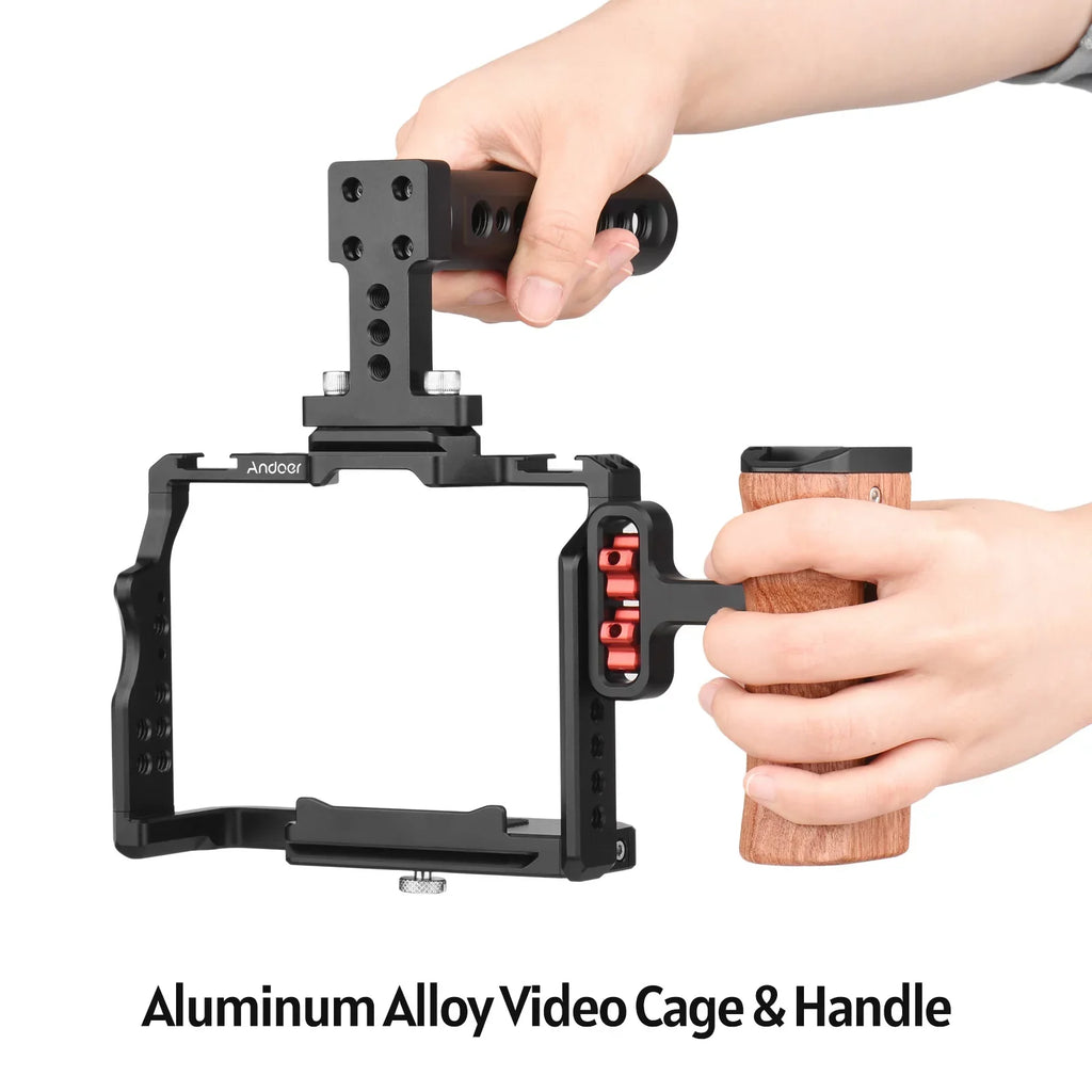 Andoer Video Cage + Handle + Side Wooden Grip Kit Aluminum Alloy with Dual Cold Shoe Mounts Numerous 14 Inch Threads Replacement for  A7IV/ A7III/ A7II/ A7R III/ A7R II/ A7S II