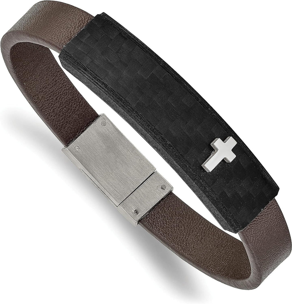 Chisel Stainless Steel Polished Cross Solid Carbon Fiber Brown Faux Leather Bracelet - 8"