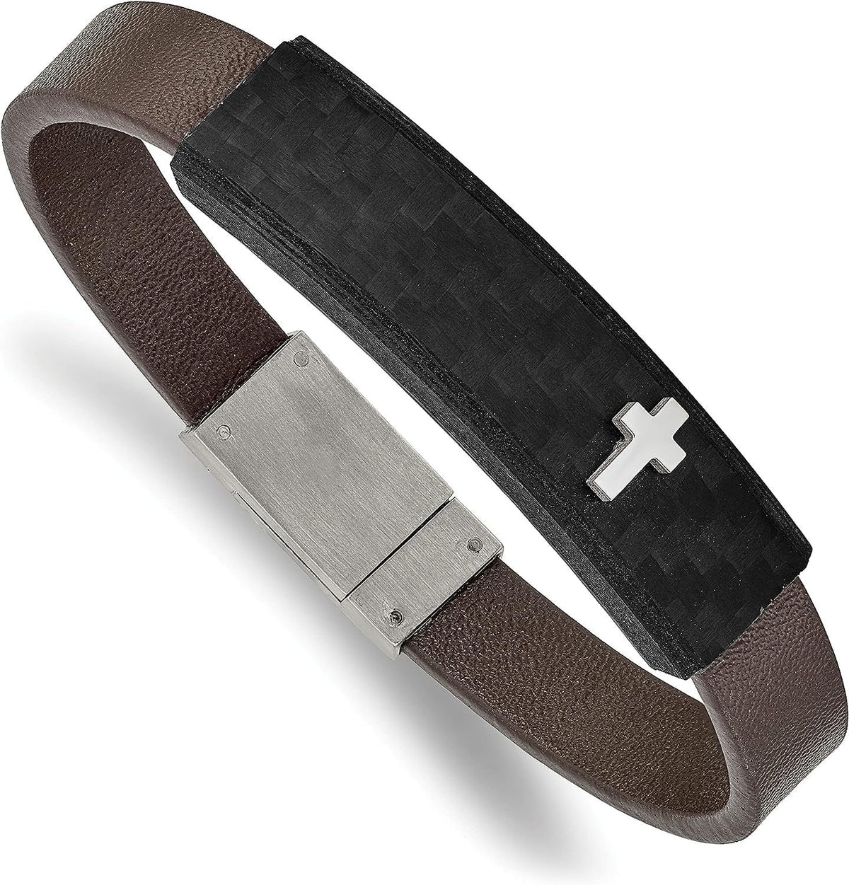 Chisel Stainless Steel Polished Cross Solid Carbon Fiber Brown Faux Leather Bracelet - 8"