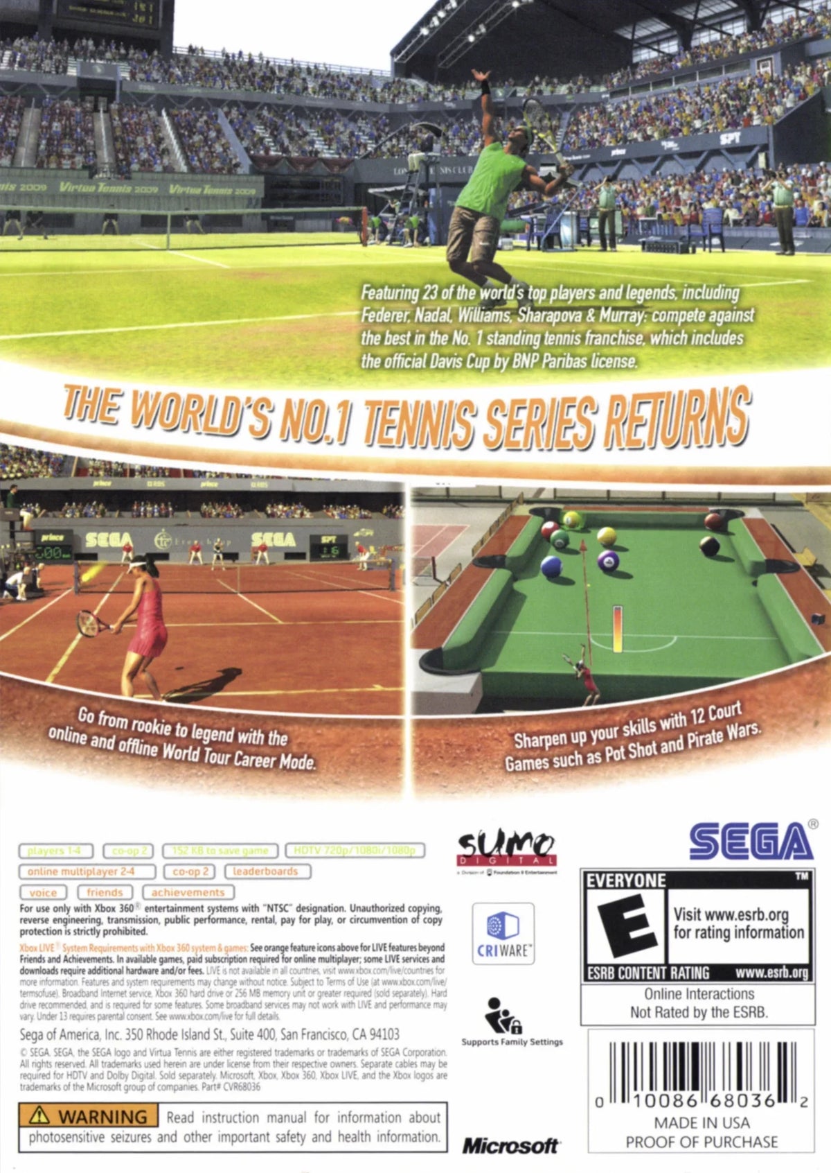 Virtua Tennis 2009, Sega, XBOX 360, 010086680362