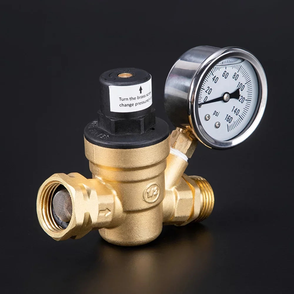 Adjustable aqua Pressure Regulator Valve - Lead-Free Brass, with 0-160PSI Gauge and Inlet Screened Filter, Ideal for RV and Travel Trailers