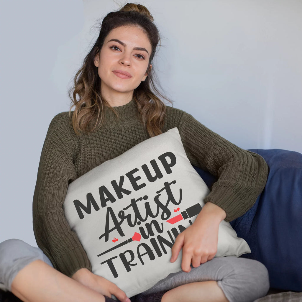 Makeup Artist in Training w/ Fan Brush & Red Lipstick Design - Beauty Themed Merch for Makeup Artist or Cosmetologist, Gift for Makeup Lovers, Pillow shield, White 18X18 IN