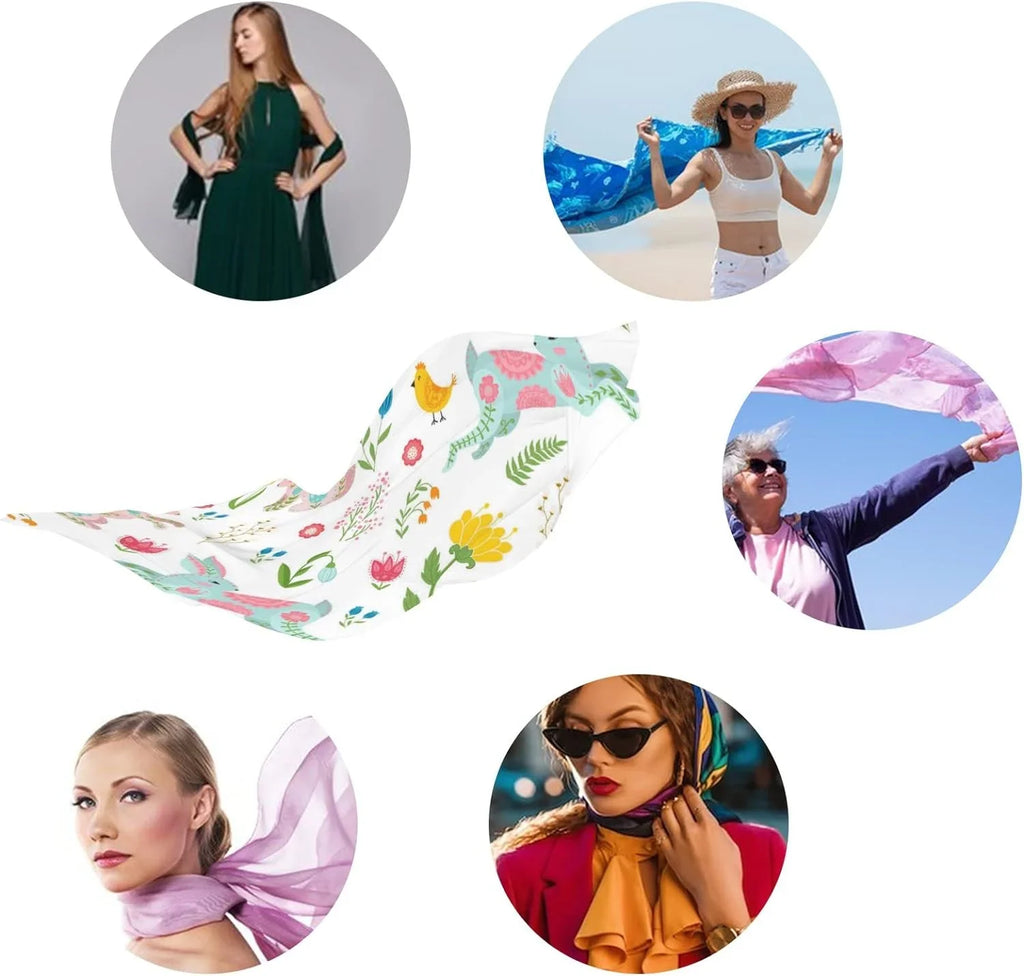 Hyjoy Easter Rabbits and Chicken in Flowers Long Silk Neck Scarf Lightweight Shawl Wrap Scarves for Women Girls