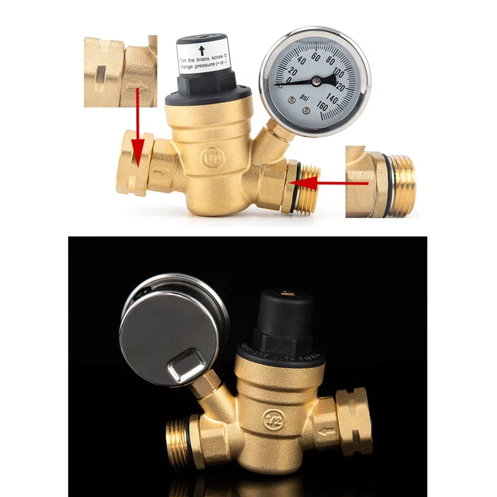 Adjustable aqua Pressure Regulator Valve - Lead-Free Brass, with 0-160PSI Gauge and Inlet Screened Filter, Ideal for RV and Travel Trailers
