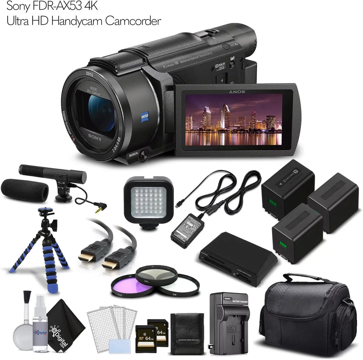 '- Professional Bundle.  FDR-AX53 4K Ultra HD Handycam Camcorder