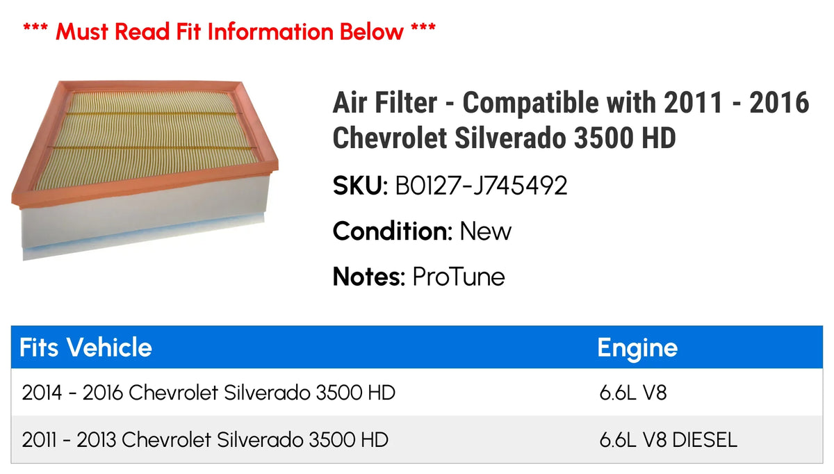 Air Filter - matching with 2011 - 2016 Chevy Silverado 3500 HD 2012 2013 2014 2015