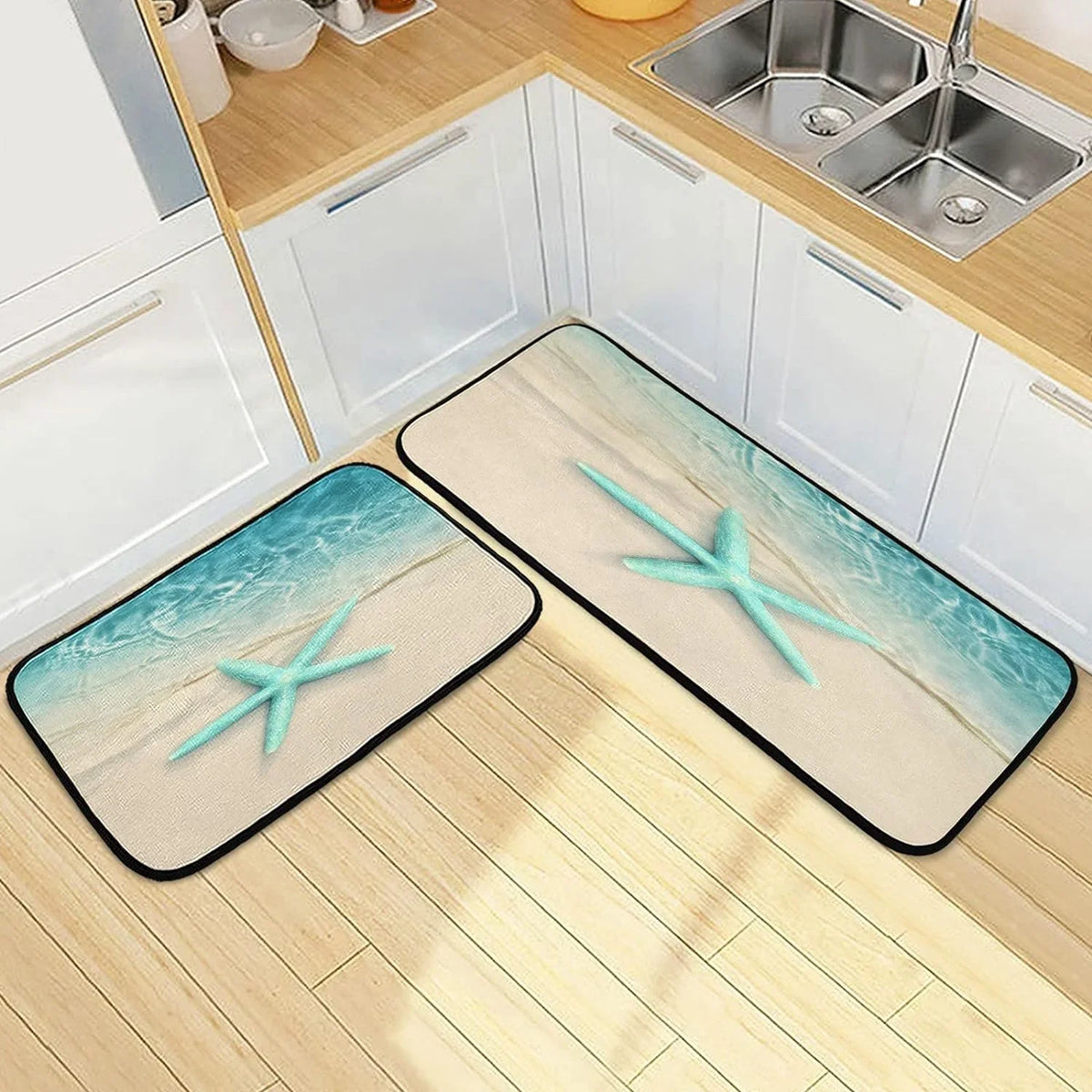 Ocean Beach Starfish Kitchen Mats and Rugs Sea moisture Wave Floor Runner Area Rug Washable Carpet Perfect for Living Room Bedroom Entryway 20x28inches + 20x47inches Home Decor Gift