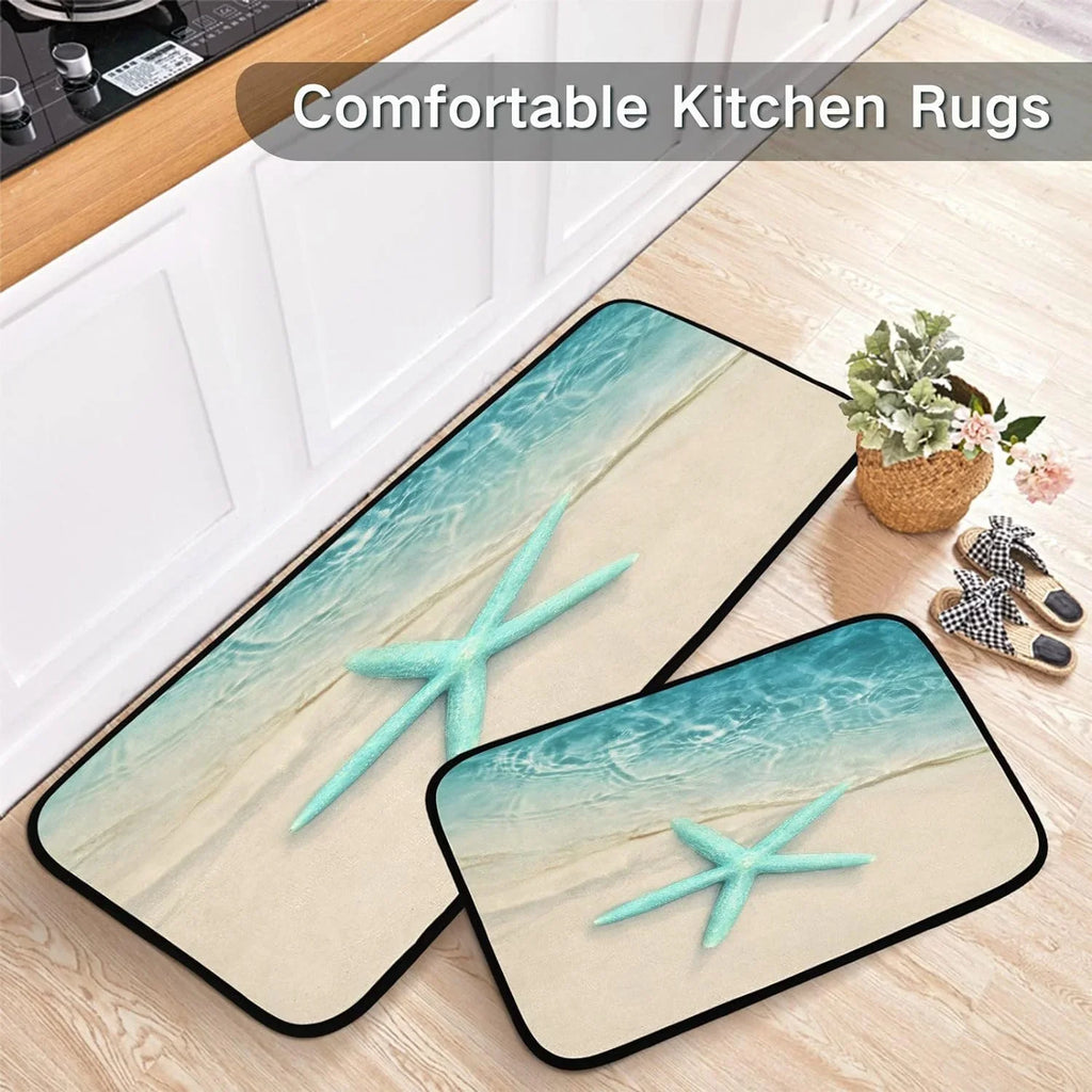 Ocean Beach Starfish Kitchen Mats and Rugs Sea moisture Wave Floor Runner Area Rug Washable Carpet Perfect for Living Room Bedroom Entryway 20x28inches + 20x47inches Home Decor Gift