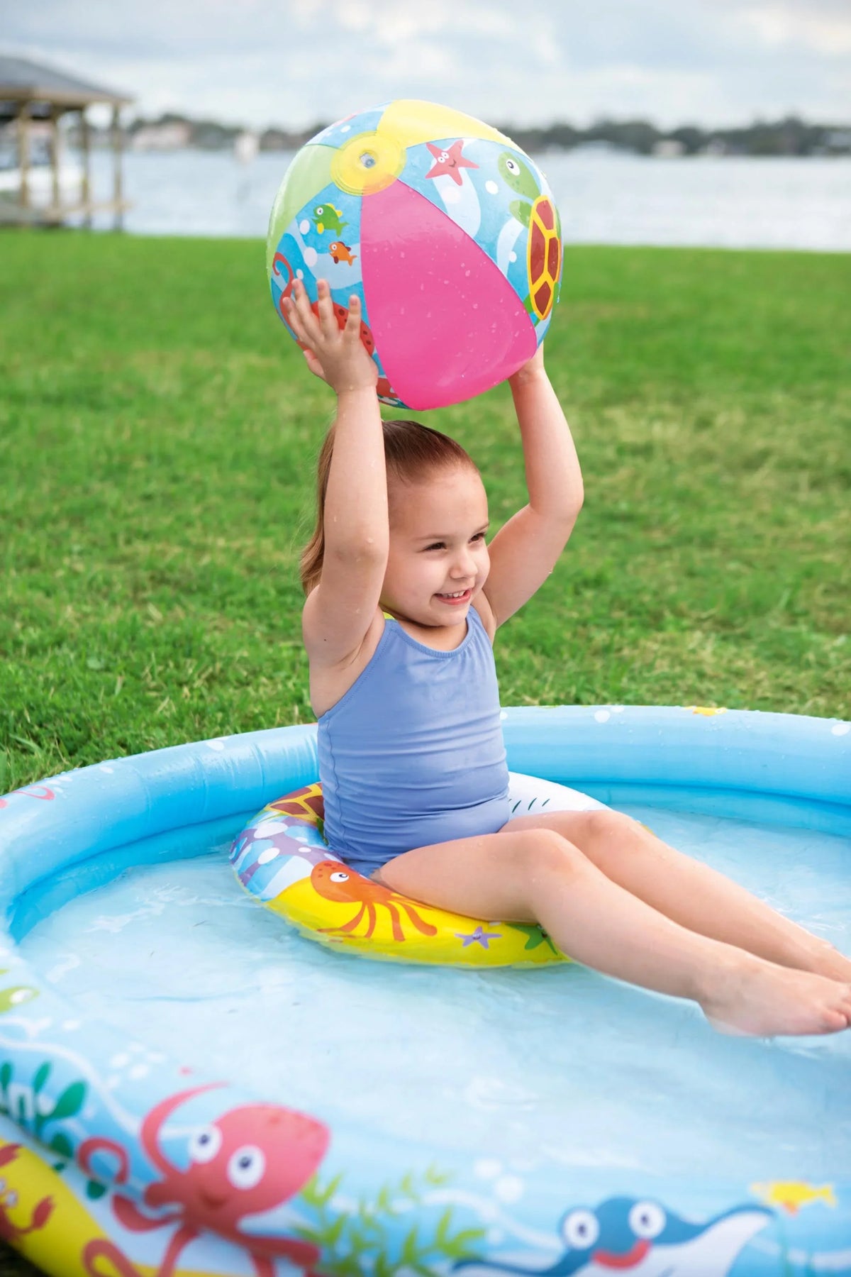 Inflatable Circle Baby Pool with Beach Ball and Swim Ring. H2OGO! 48in