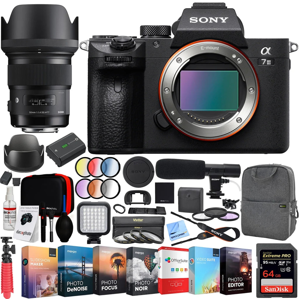 a7 III Full Frame Mirrorless Interchangeable Lens 4K HDR Camera ILCE-7M3 Body with Sigma 50mm F1.4 ART DG HSM E-mount Lens and Deco Gear Backpack Kit Microphone Editing Bundle