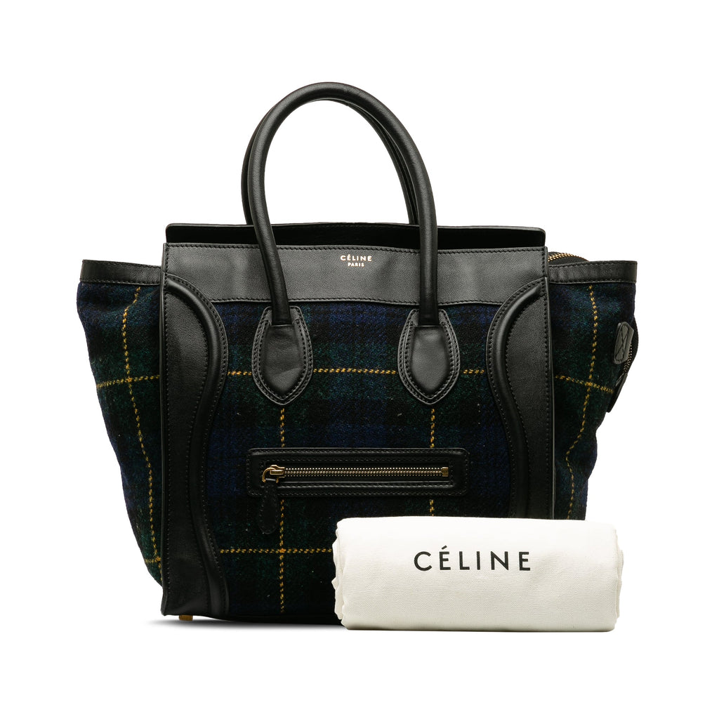 Pre-Owned Authenticated Celine Mini Tartan Luggage Tote Wool Fabric Blue Tote Bag Unisex (Good)