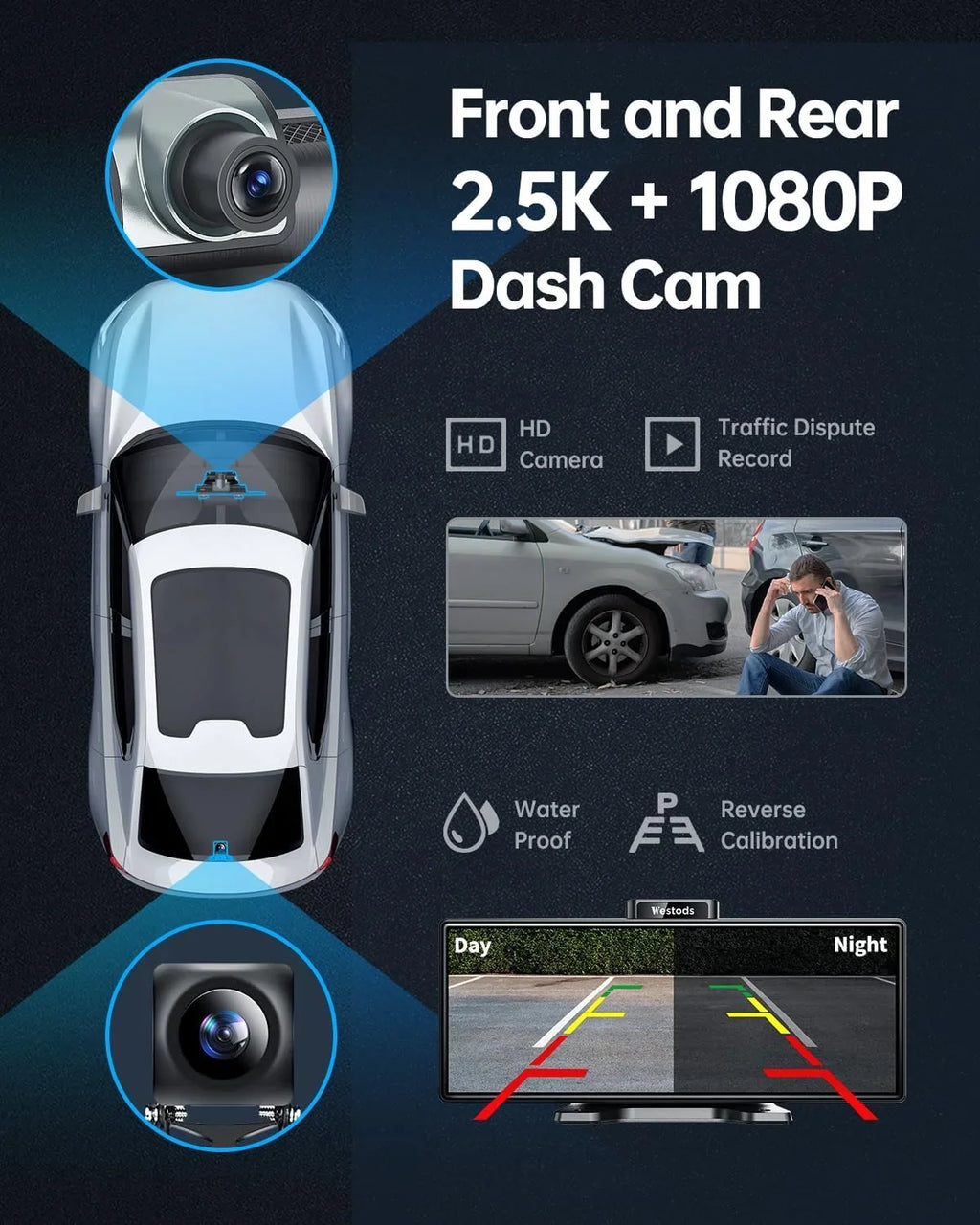 CAIHONG Portable 10.26" Wireless Carplay Screen & Android Auto with Adjustable & Detachable Mount, 2.5K Dash Cam & 1080P Backup Camera, HD IPS Touchscreen, GPS Navigation, Bluetooth, Car Stereo, Radio