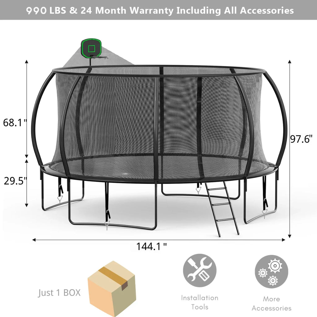FIZITI 12FT 990LBS Trampoline with Basketball Hoop for Kids,Pumpkin Outdoor Trampoline with Enclosure Net,Sprinkler,Light,Socks,Ladder, Recreational Backyard Trampoline Capacity for 4-6 Kids