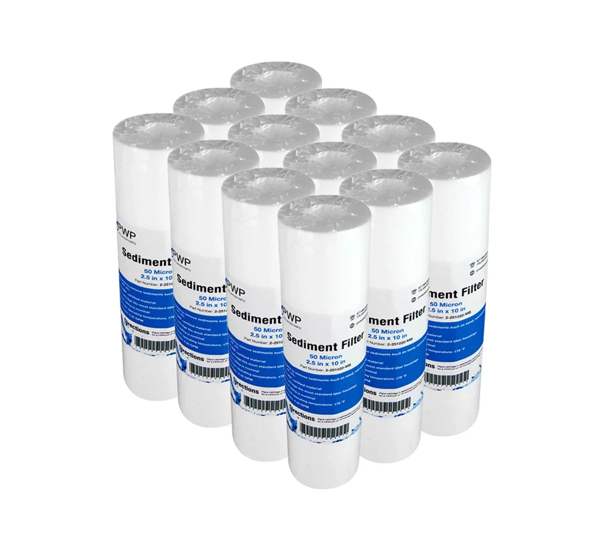 Sediment Melt Blown liquid Filters 10x2.5" Standard 50 Micron 12 Pack