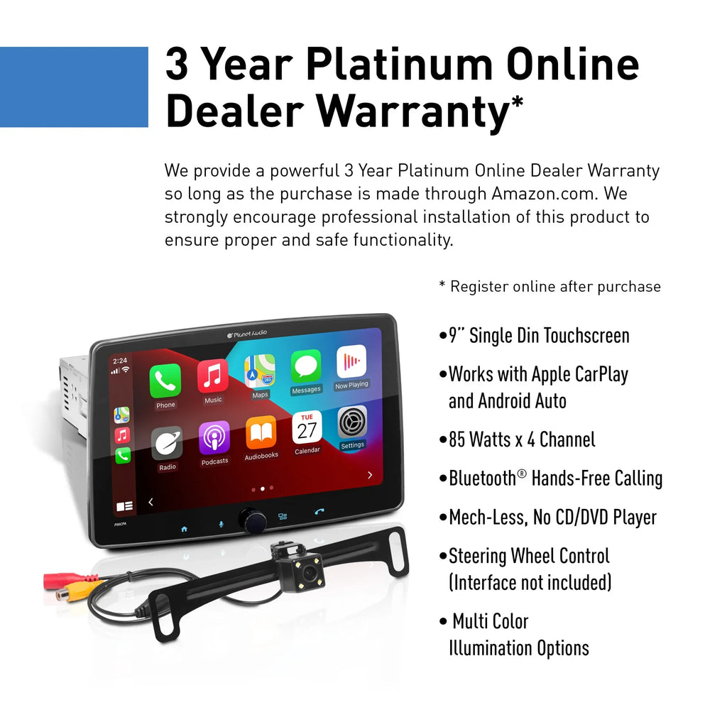 Planet Audio P90CPAC Car Stereo -  CarPlay, Android Auto, Single Din, 9 Inch Capacitive Touchscreen, Bluetooth, No CD DVD Player, AM/FM Radio Receiver, Backup Camera