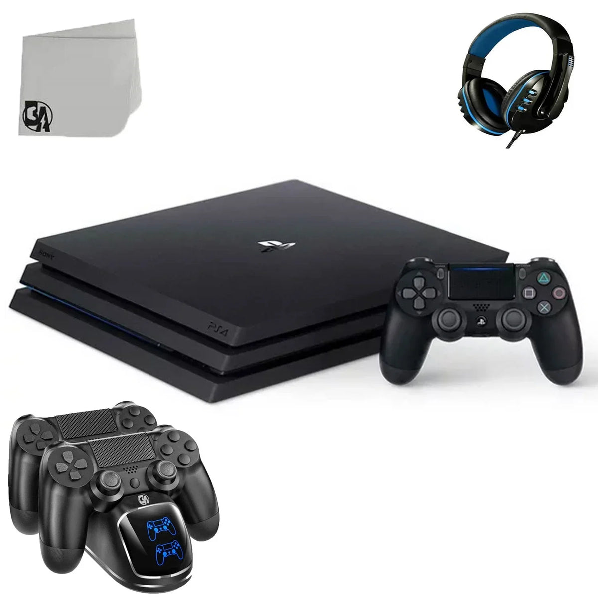 PlayStation 4 Pro 1TB Gaming Console Black with Charging Dock Headset Bolt Axtion Like New
