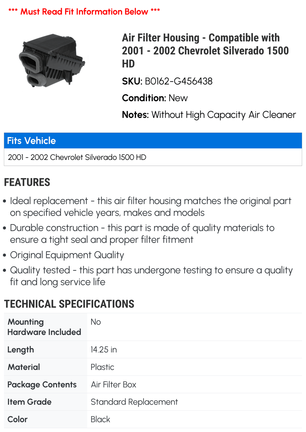 Air Filter Housing - matching with 2001 - 2002 Chevy Silverado 1500 HD