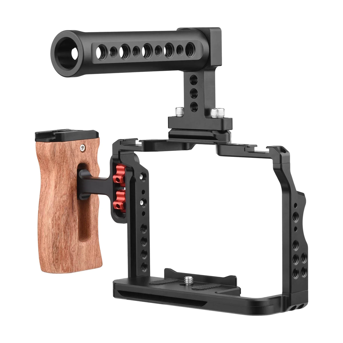 Andoer Video Cage + Handle + Side Wooden Grip Kit Aluminum Alloy with Dual Cold Shoe Mounts Numerous 14 Inch Threads Replacement for  A7IV/ A7III/ A7II/ A7R III/ A7R II/ A7S II