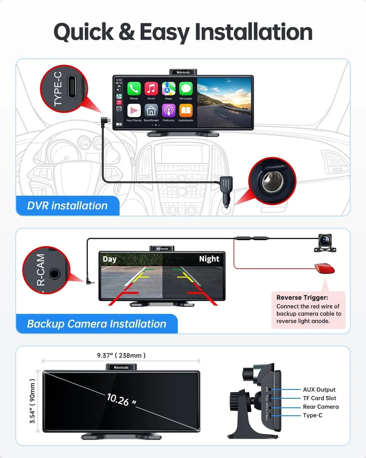 CAIHONG Portable 10.26" Wireless Carplay Screen & Android Auto with Adjustable & Detachable Mount, 2.5K Dash Cam & 1080P Backup Camera, HD IPS Touchscreen, GPS Navigation, Bluetooth, Car Stereo, Radio