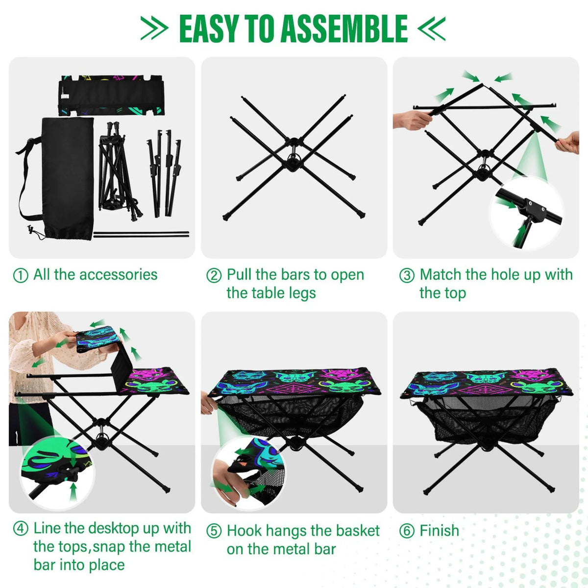 Magic Devils Lions Camping Folding Table Portable Beach Table with Storage Bag Compact Picnic Table for Outdoor Travel Fishing BBQ