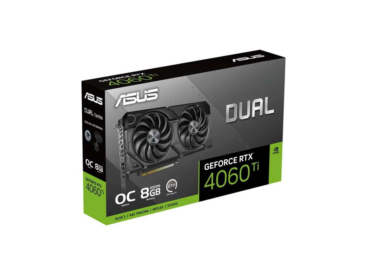 Dual GeForce RTX? 4060 Ti EVO OC Edition 8GB GDDR6 (PCIe 4.0, 8GB GDDR6, DLSS 3, HDMI 2.1a, DisplayPort 1.4a, Axial-tech fan design, 0dB technology, Protective Backplate, Auto-Extreme Technology)