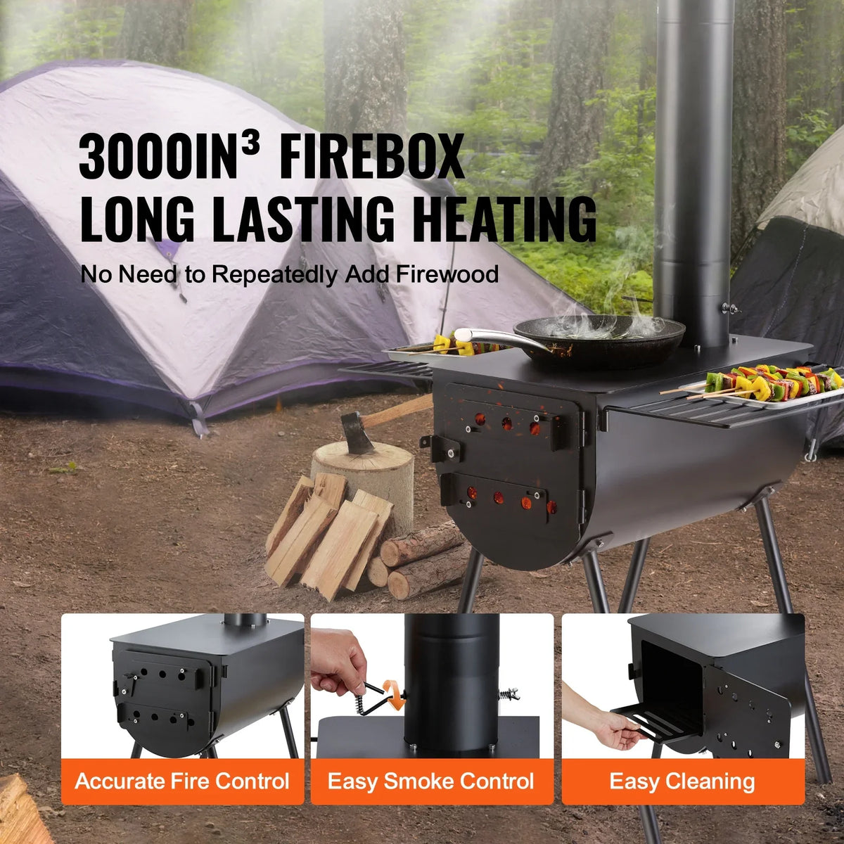 SKYSHALO Portable Wood Stove Camping Hot Tent BBQ Stove 118 in for Outdoor w/ Pipes