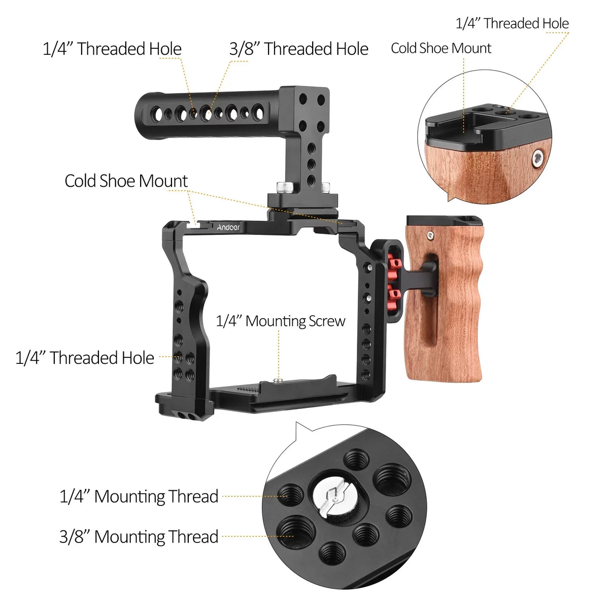 Andoer Video Cage + Handle + Side Wooden Grip Kit Aluminum Alloy with Dual Cold Shoe Mounts Numerous 14 Inch Threads Replacement for  A7IV/ A7III/ A7II/ A7R III/ A7R II/ A7S II