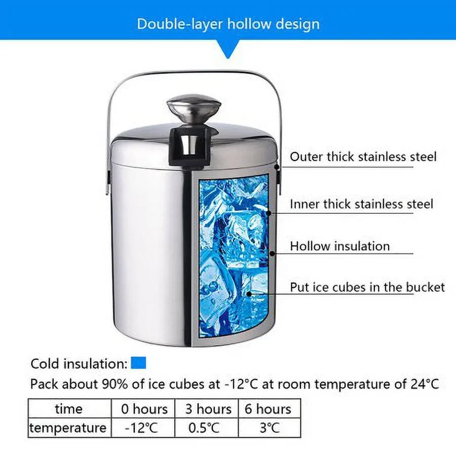 Double-Wall Stainless-Steel Insulated Ice Bucket With Lid & Ice Tong 1300 ML